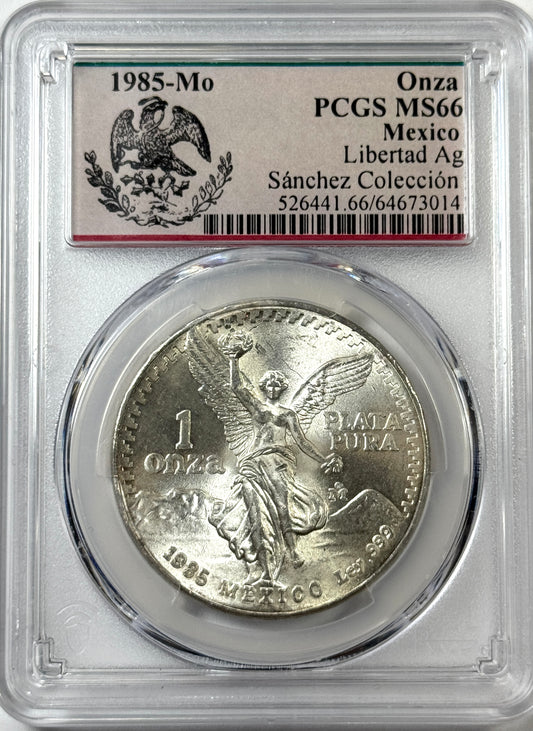 1985 Mexico Silver Onza Libertad - MS66 NGC Sanchez Collection Label - Lustrous Coin!