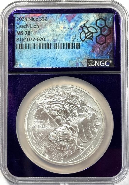 2024 Niue $2 Czech Lion 1 oz .999 Silver Coin - NGC MS70 Purple Core TraderBea