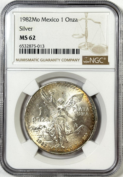 1982 Mexico Silver Onza Libertad Coin MS62 NGC - Original Rev. Crescent Rainbow Toning