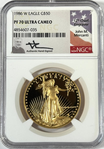 1986-W $50 Proof American Gold Eagle 1 oz Gold Coin PF70UC NGC - Mercanti