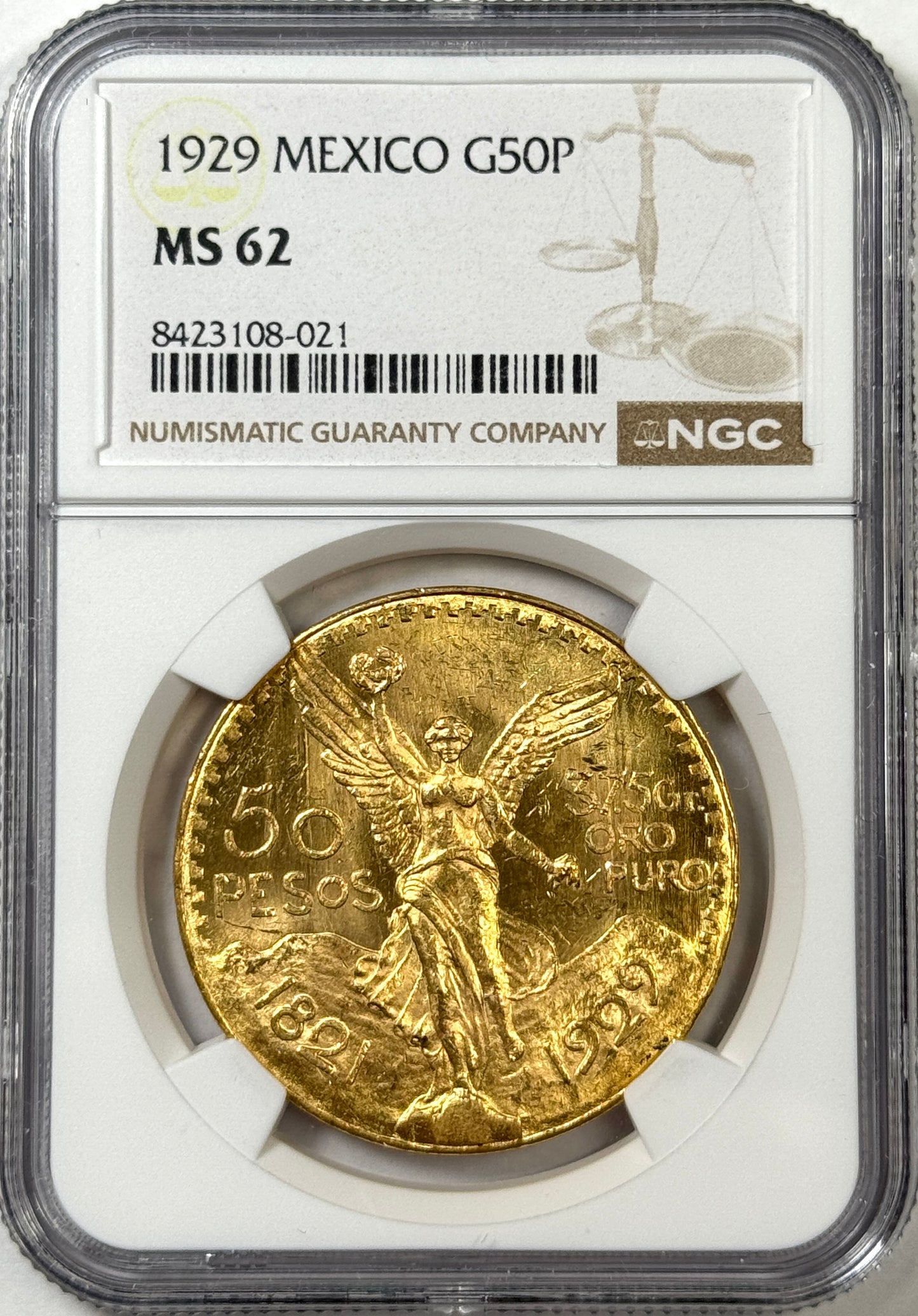 1929 Mexico 50 Pesos Centenario BU Gold Coin MS62 NGC - Freshly Graded!