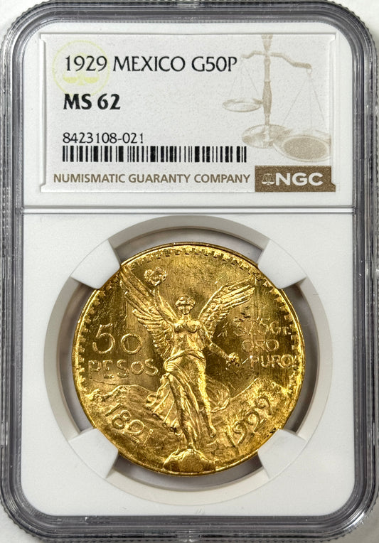 1929 Mexico 50 Pesos Centenario BU Gold Coin MS62 NGC - Freshly Graded!