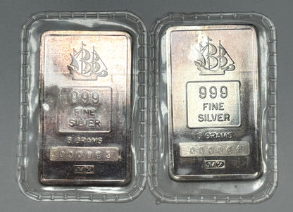 Rare Johnson Matthey 1715 Shipwreck's Recovered Consecutive 5g Silver Bars Sealed