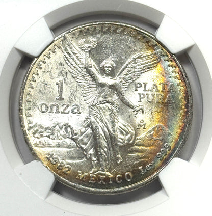 1982 Mexico Silver Onza Libertad Coin MS61 NGC - Original Rev. Monster/Crescent Toned