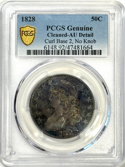 1828 Capped Bust Silver Half Dollar - Curl Base 2, No Knob - AU Dets PCGS