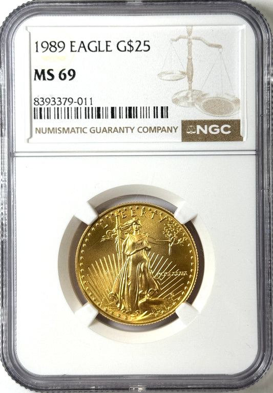 1989 $25 Gold American Eagle 1/2 oz Gold Coin NGC MS69 - Key Date!