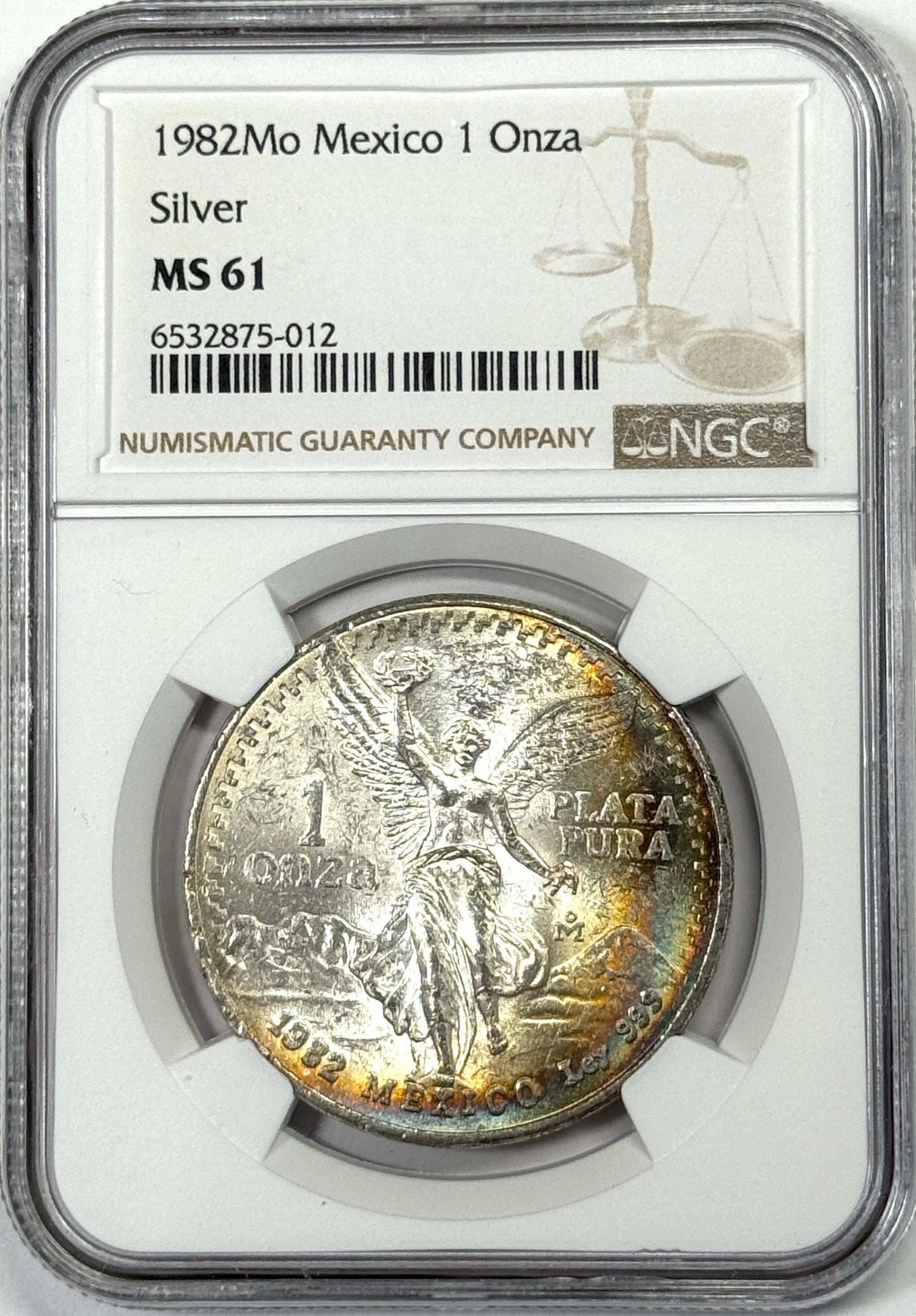1982 Mexico Silver Onza Libertad Coin MS61 NGC - Original Rev. Monster/Crescent Toned