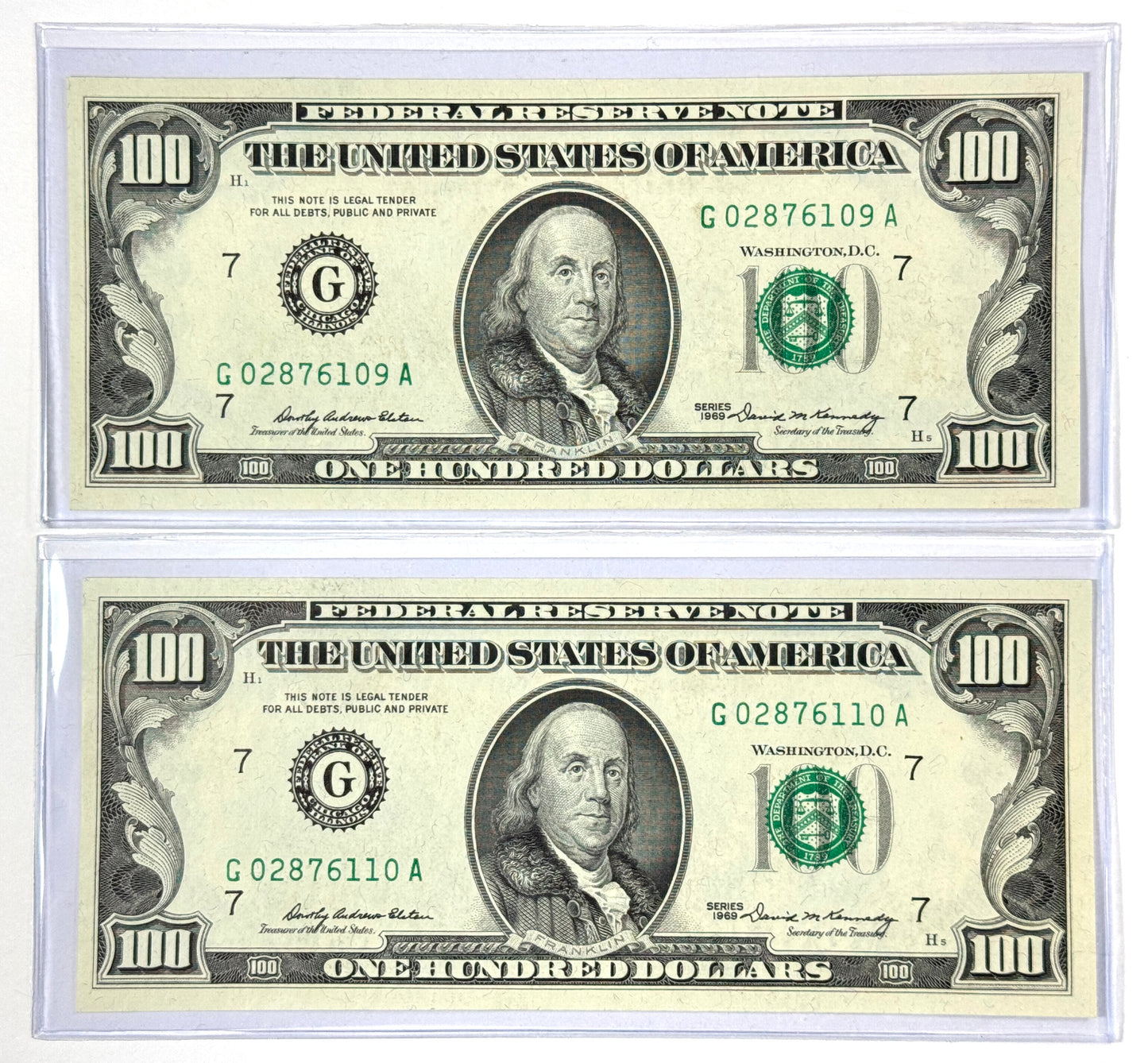 1969 Series Chicago-IL Consecutive $100 Notes Brilliant Uncirculated in Flips - Rare!