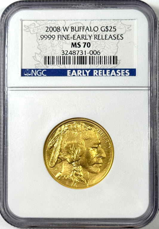2008-W $25 Burnished Gold Buffalo 1/2 oz Gold Coin MS70 NGC - First Releases