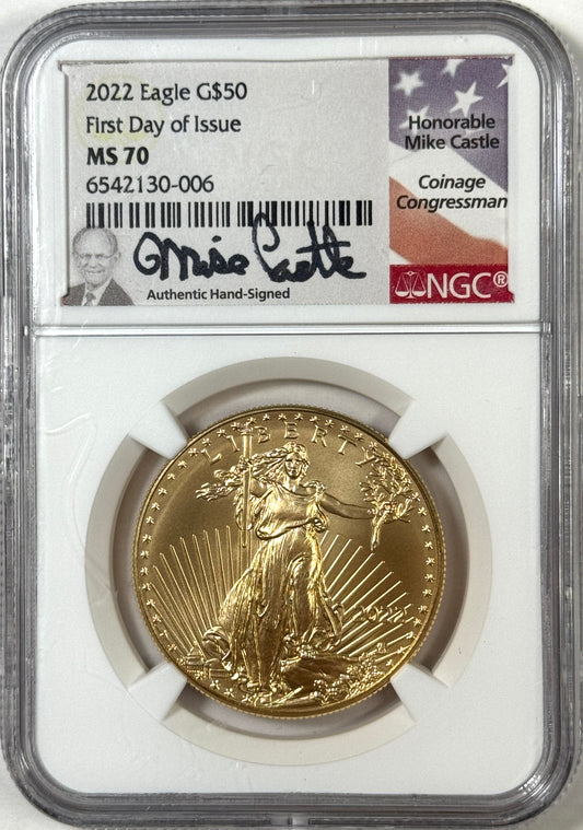 2022 $50 American Gold Eagle 1 oz Gold Coin MS70 FDOI NGC -Mike Castle