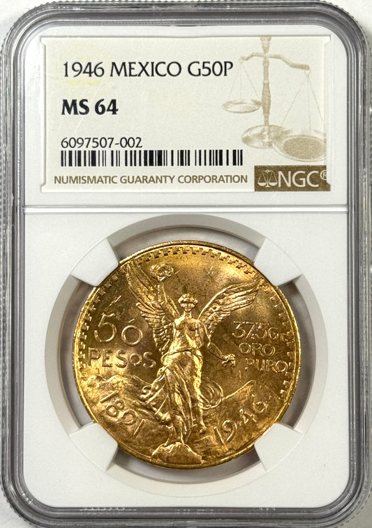 1946 Mexico 50 Pesos Centenario BU Gold Coin MS64 NGC - Freshly Graded!