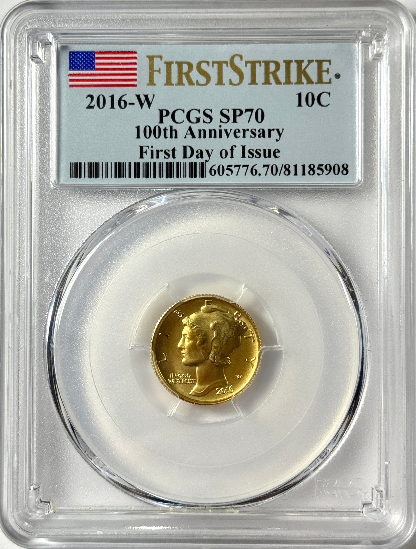 2016-W Gold Mercury Dime 1/10 oz Gold Coin - PCGS SP70 - First Day of Issue w/COA