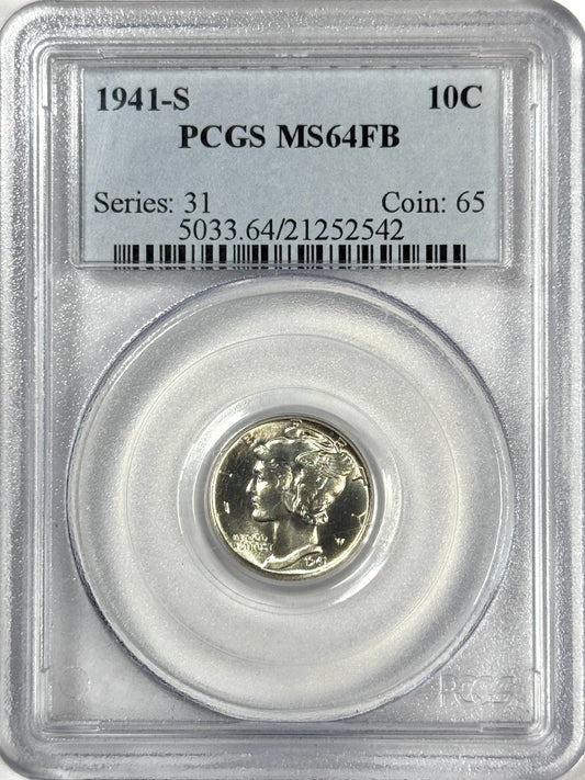 1941-S Silver Mercury Dime PCGS MS64FB Blast White Cartwheel Luster! Nice Coin!