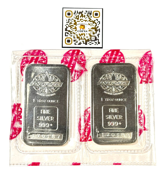 Vintage Engelhard Red Seal Maple Leaf Logo - 2 oz Consecutives Silver Bars Set