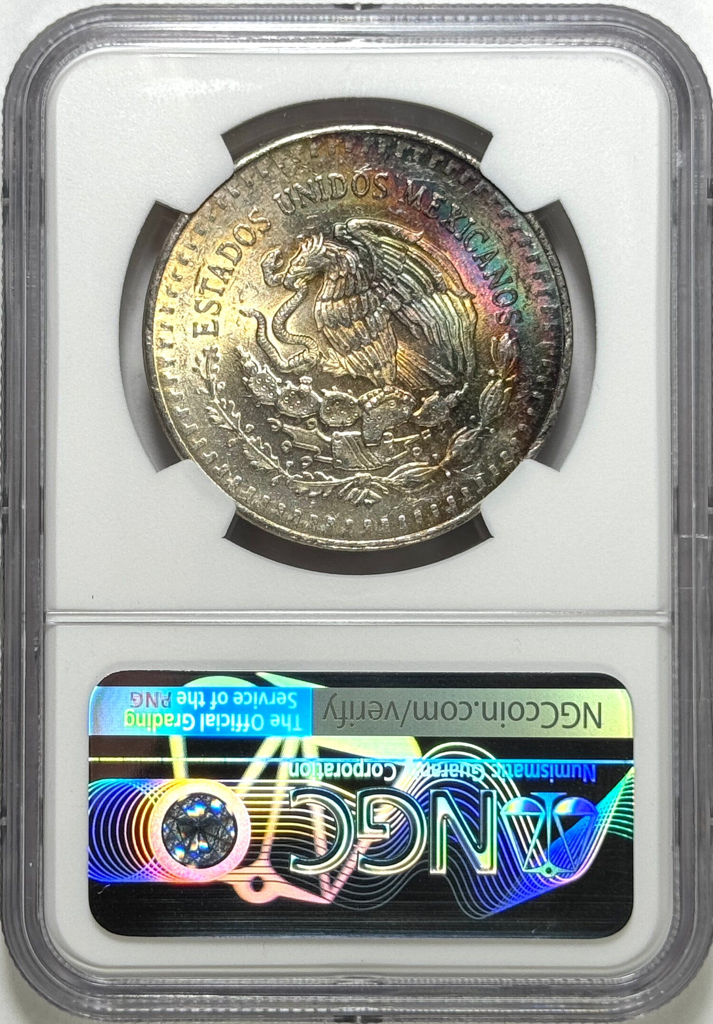 1982 Mexico Silver Onza Libertad Coin MS62 NGC - Original Rev. Crescent Rainbow Toning