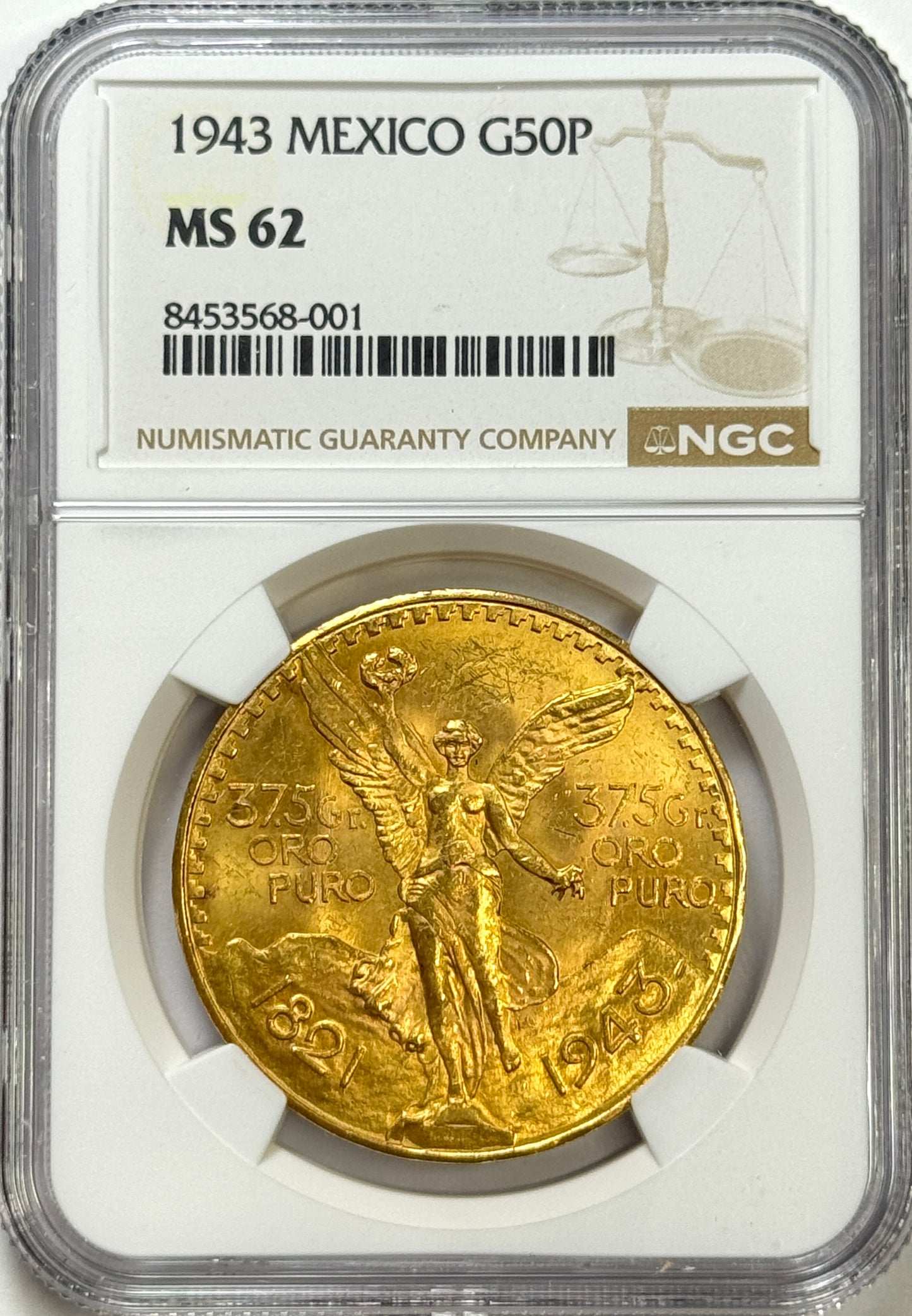 1943 Mexico 50 Pesos Centenario BU Gold Coin MS62 NGC - KEY DATE!