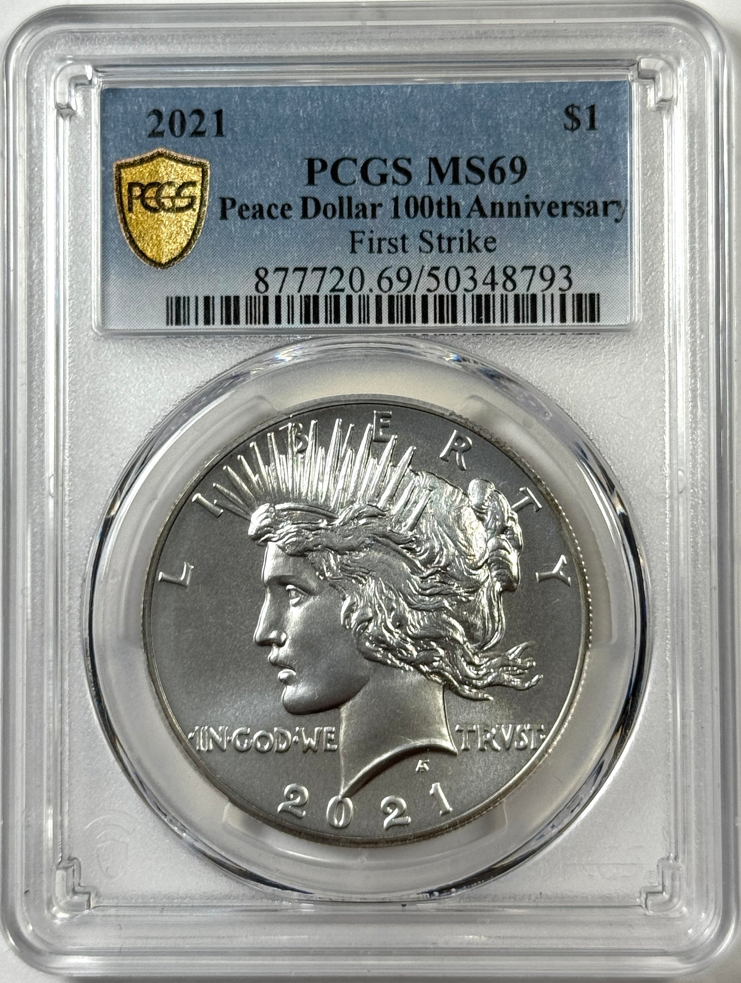 2021-P Peace Silver Dollar MS69 PCGS First Strike - 100th Anniversary Label