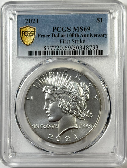 2021-P Peace Silver Dollar MS69 PCGS First Strike - 100th Anniversary Label