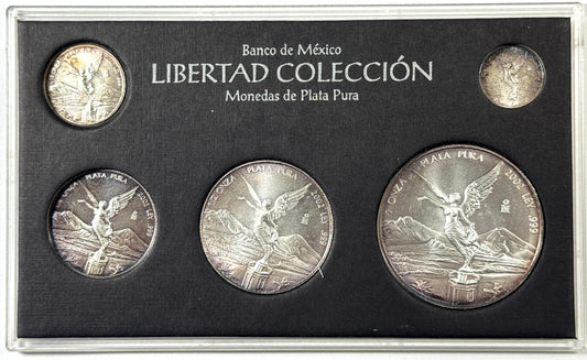 2002 Mexico 1, 1/2, 1/4, 1/10/ 1/20 oz - 5 Coin Set .999 Silver Libertad in Case