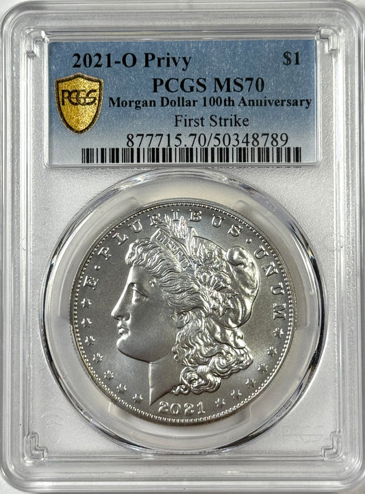 2021-O Morgan Silver Dollar MS70 PCGS First Strike - 100th Anniversary Label
