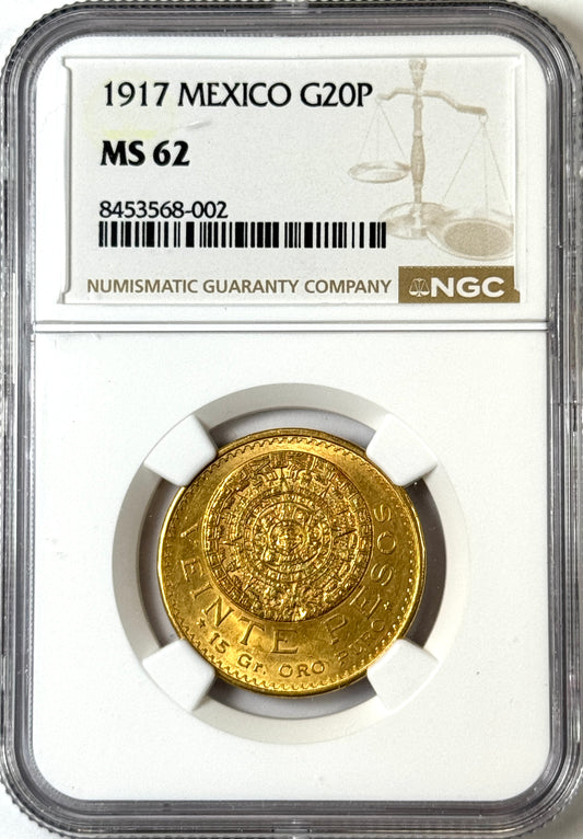 1917 Mexico 20 Pesos Centenario BU Gold Coin MS62 NGC - KEY DATE!