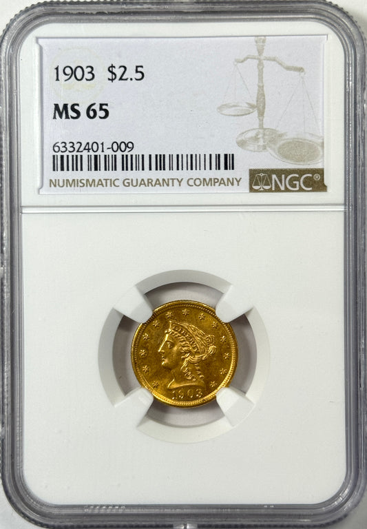 1903 $2.5 Liberty Head Gold Coin - NGC MS65 - Very Nice and Lustrous Coin