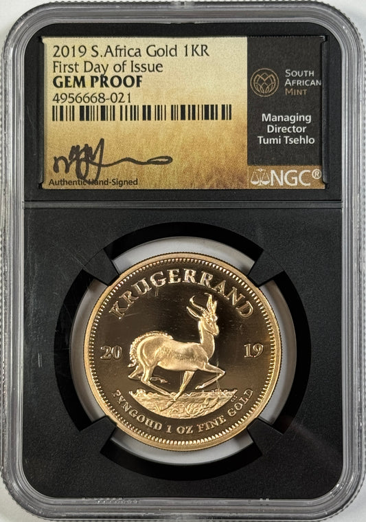 2019 South Africa 1 oz Gold Krugerrand Coin - Gem Proof NGC - Tsehlo Signed FDOI