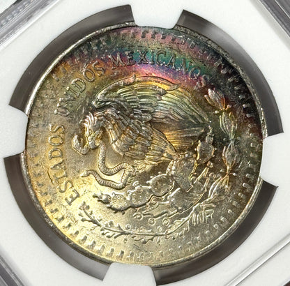 1982 Mexico Silver Onza Libertad Coin MS62 NGC - Original Rev. Crescent Rainbow Toning