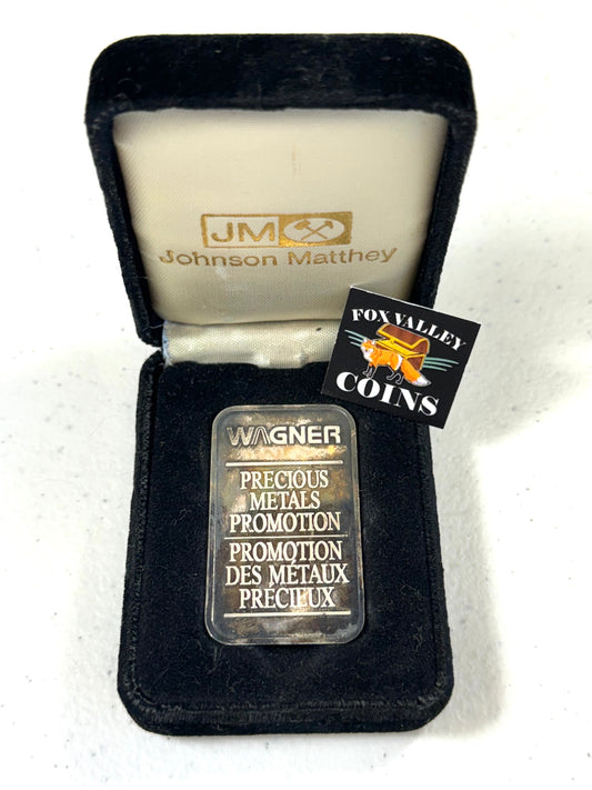 Rare Vintage Johnson Matthey Wagner Precious Metals Promotion 1 oz .999 Silver Bar in Original Box