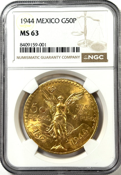 1944 Mexico 50 Pesos Centenario BU Gold Coin MS63 NGC - Freshly Graded!