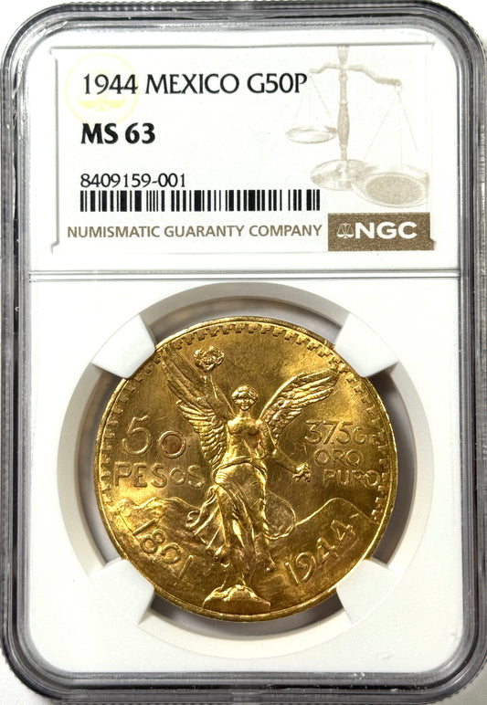 1944 Mexico 50 Pesos Centenario BU Gold Coin MS63 NGC - Freshly Graded!