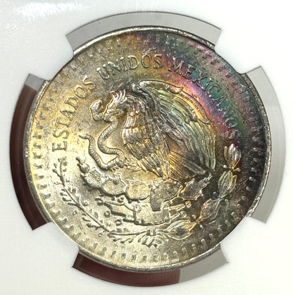 1982 Mexico Silver Onza Libertad Coin MS62 NGC - Original Rev. Crescent Rainbow Toning