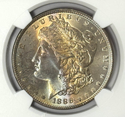 1886-P Morgan Silver Dollar NGC MS66 - Subtle Rainbow Toned - Lustrous Reverse