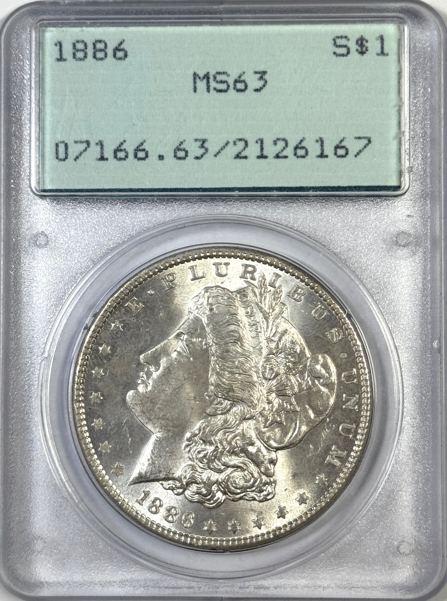 1886 Morgan Silver Dollar MS63 PCGS Rattler OGH - Very Lustrous Coin!