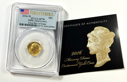 2016-W Gold Mercury Dime 1/10 oz Gold Coin - PCGS SP70 - First Day of Issue w/COA