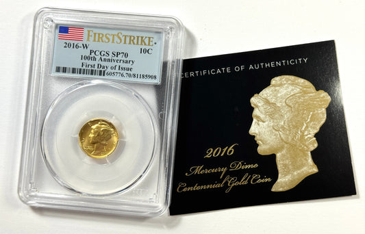 2016-W Gold Mercury Dime 1/10 oz Gold Coin - PCGS SP70 - First Day of Issue w/COA