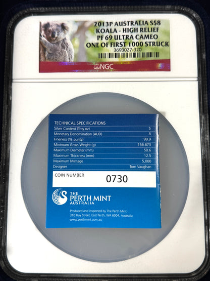 2013-P Australia Proof Koala High Relief 5 oz Silver NGC PF69 UC 1 of First 1000 Struck