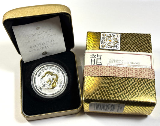 2000 Australian Year of the Dragon Gilded Edition 1 oz Silver Coin in OGP