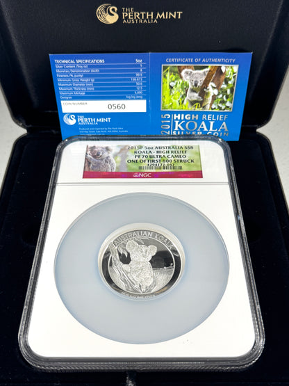 2015-P Australia Proof Koala High Relief 5 oz Silver NGC PF70 UC 1 of First 800 Struck