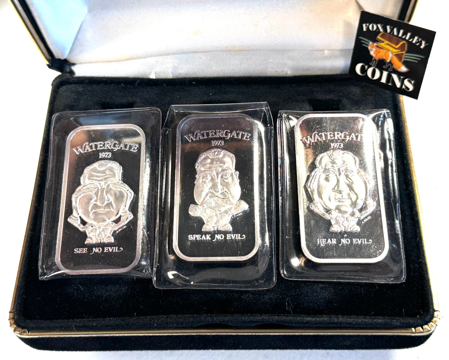 Vintage 1973 Aleo Watergate Nixon See Hear Speak No Evil 3pc Silver Set - 1st Ed #118/974 Box & COA