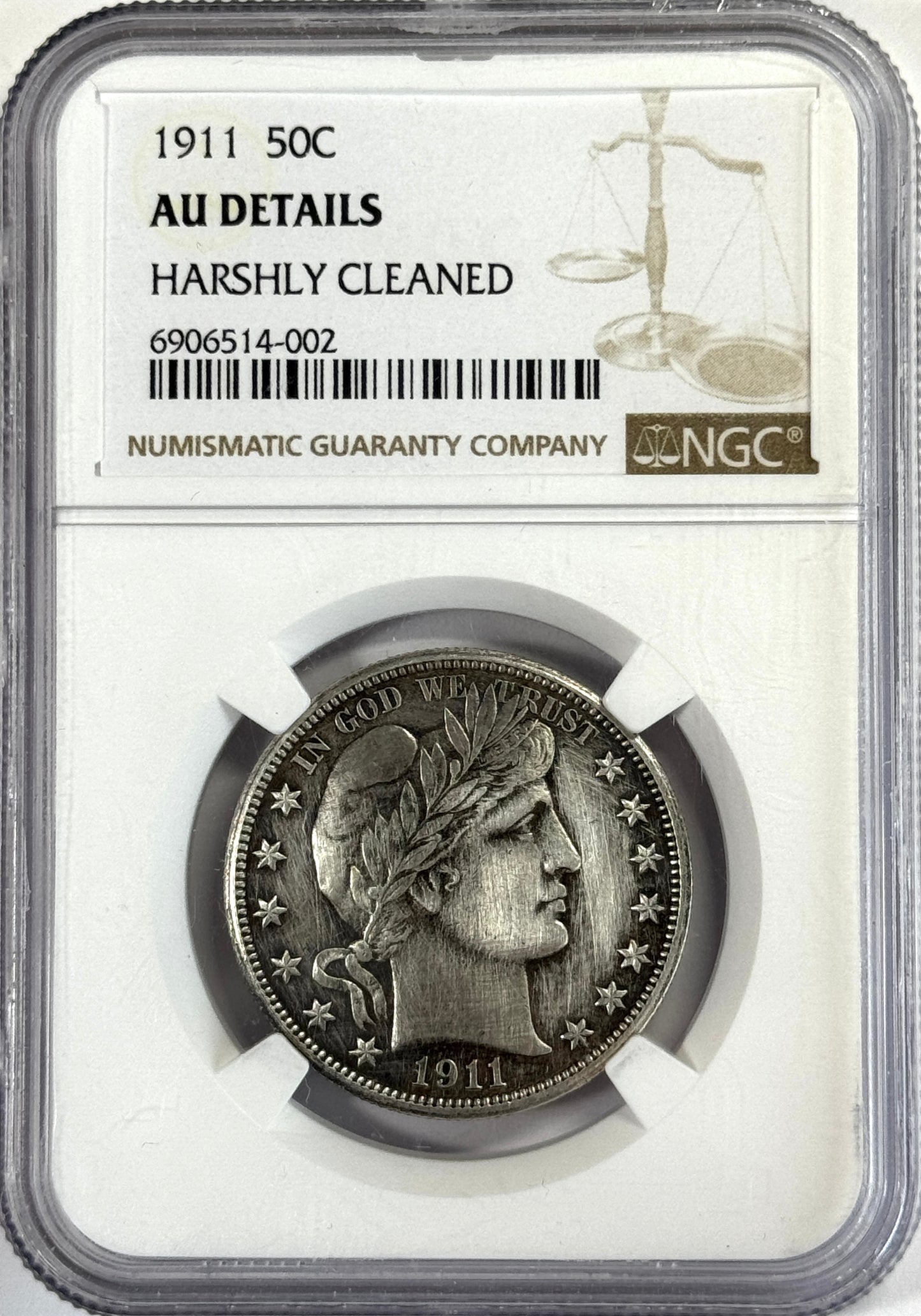1911-P Barber Silver Half Dollar - AU Details Harshly Cleaned NGC
