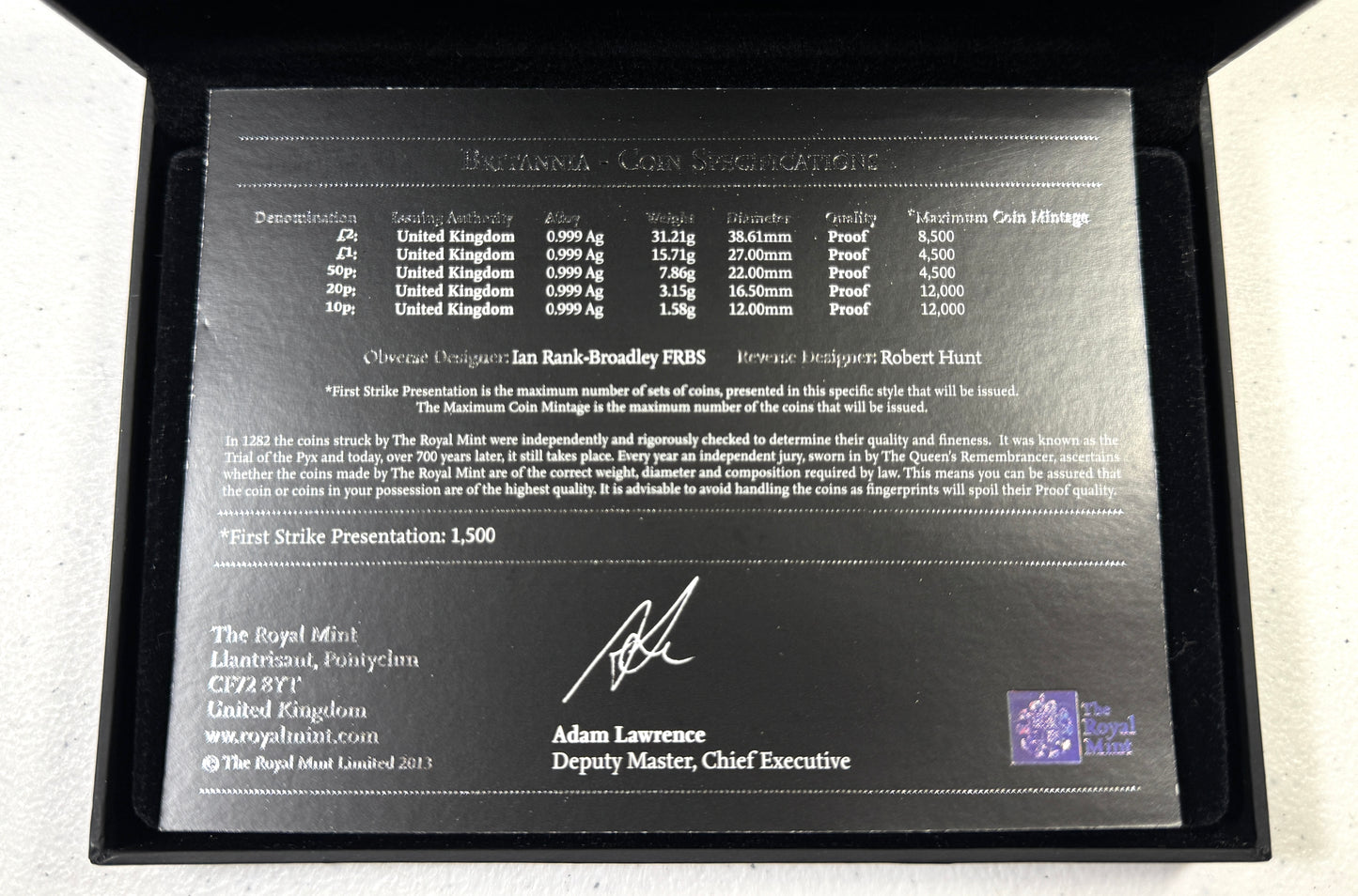 2013 UK Britannia Five-Coin Silver Proof First Strike Set - # 1391/1500 in OGP