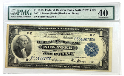 1918 $1 One Dollar New York Federal Reserve Fr. 712 Note XF40 PMG