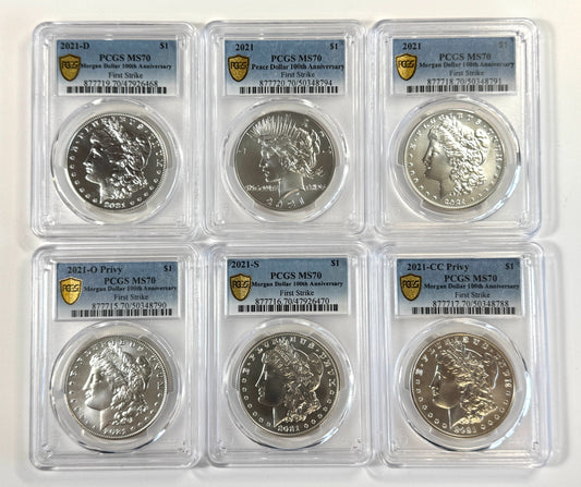 2021 Morgan and Peace Silver Dollar PCGS MS70 6-Coin Set - First Strike Set