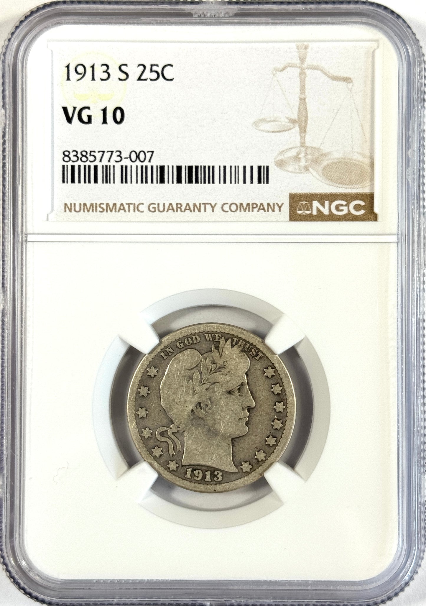 1913-S Barber Silver Quarter - VG10 NGC - Only 40,000 Minted - Key Date!