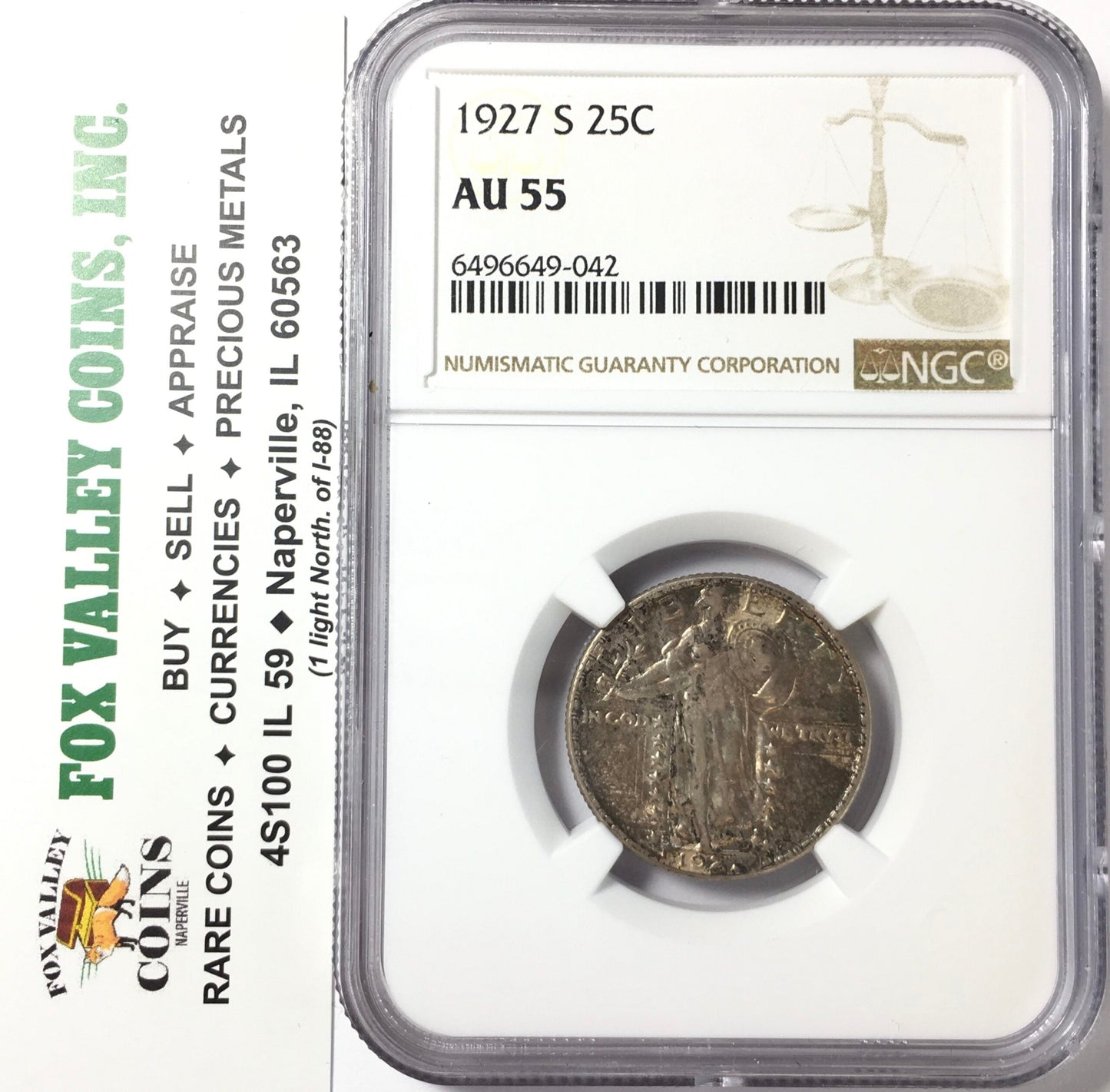 1927-S Standing Liberty Silver Quarter - AU55 NGC - Original Toning - 396,000 Minted - Key Date