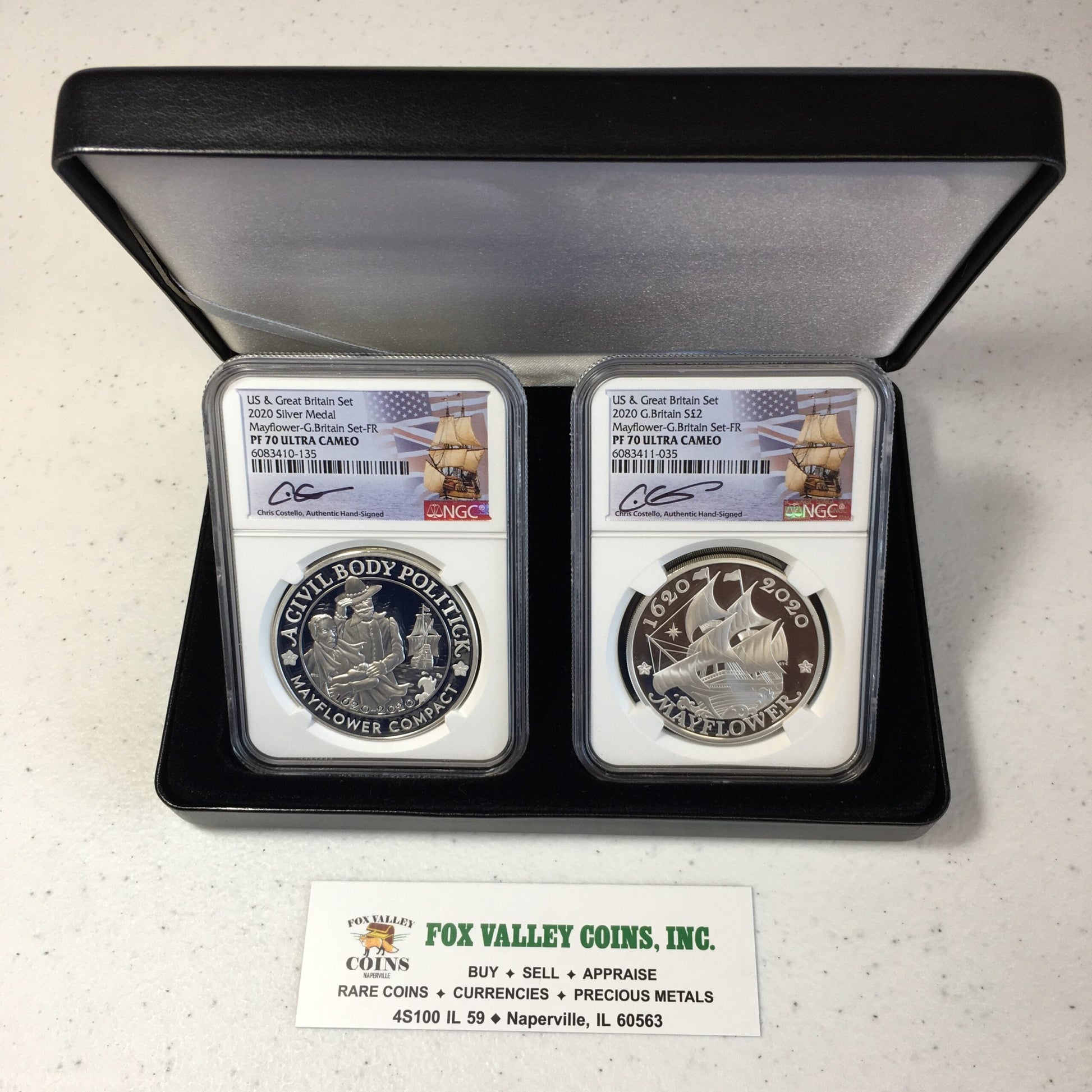 2021 Great Britain & U.S. Proof Silver Mayflower Voyage Set - PF70 First Releases - NGC Costello Signature - in Box