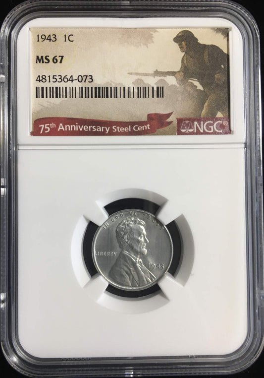 1943-P Lincoln Steel Wheat Cent NGC MS67 - 75th Anniversary Steel Cent Holder