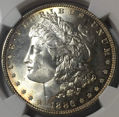 1886 Morgan Silver Dollar NGC MS63 Cartwheel Luster - Reverse Rim Rainbow Toned