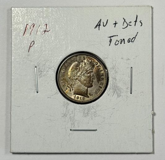 1912-P Barber Silver Dime AU+ Details